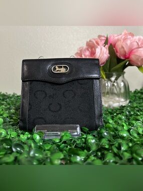 Vintage Celine Macadam Canvas Compact Wallet Black Leather Italy